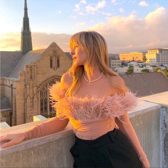 HOUSE OF CB 'Faith' Blush Off The Shoulder Feather Bodysuit NWOT - Picture 3 of 17